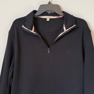 Burberry Brit Admiral Black Quarter Zip-Up Sweater Classic Tartan Hem Size Large